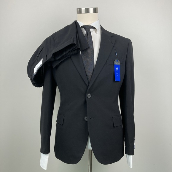 Nautica Men's 2-pc Suit Blazer Jacket 40S Pants 34W Solid Black F02345